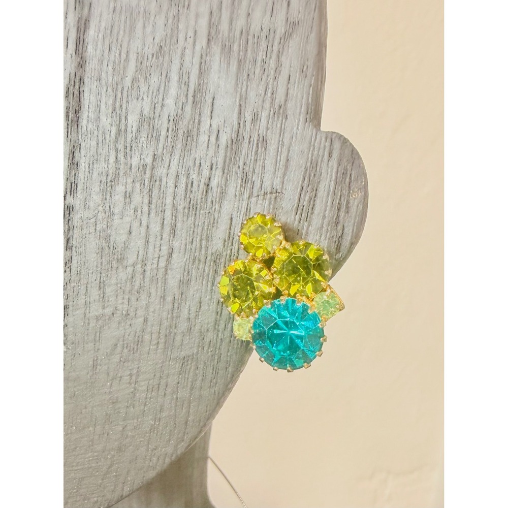 Vintage Aqua Blue Olivine Rhinestone Cluster Clip Earrings Gold Tone